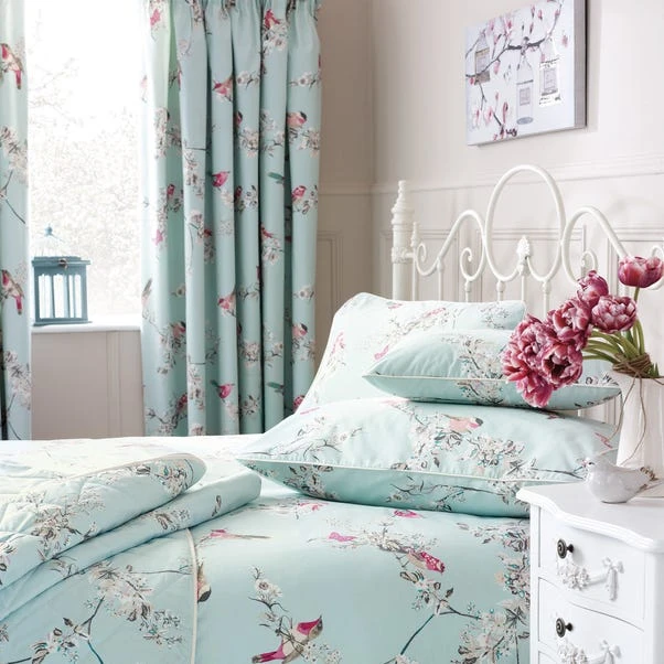 Dunelm Beautiful Birds Duck-Egg Thermal Pencil Pleat Curtains 4 Dunelm Beautiful Birds Duck-Egg Thermal Pencil Pleat Curtains - Image 2
