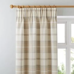 Highland Check Natural Pencil Pleat Curtains