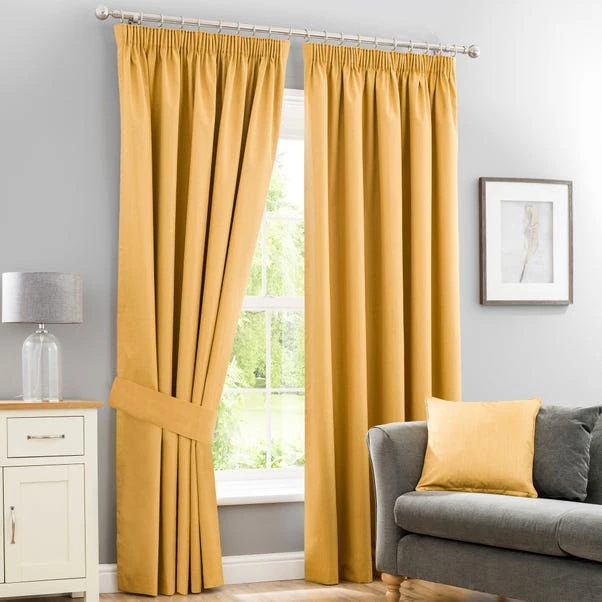 Dunelm Solar Mustard Blackout Pencil Pleat Curtains 4 Dunelm Solar Mustard Blackout Pencil Pleat Curtains - Image 2
