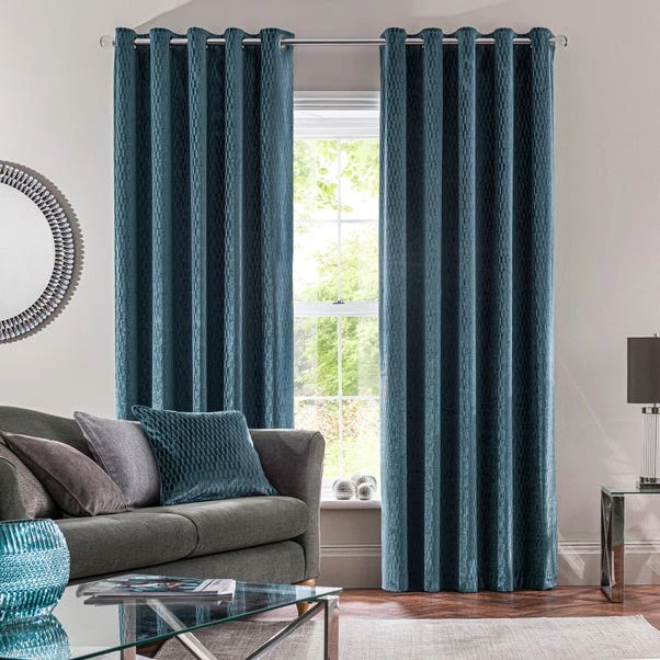 Dunelm Valencia Velvet Geometric Teal Eyelet Curtains 4 Dunelm Valencia Velvet Geometric Teal Eyelet Curtains - Image 2