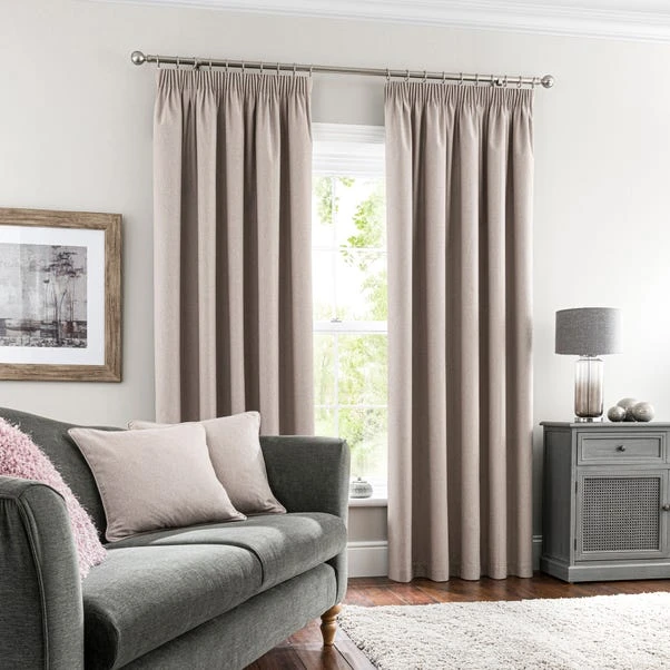 Dunelm Luna Brushed Pebble Blackout Pencil Pleat Curtains 4 Dunelm Luna Brushed Pebble Blackout Pencil Pleat Curtains - Image 2