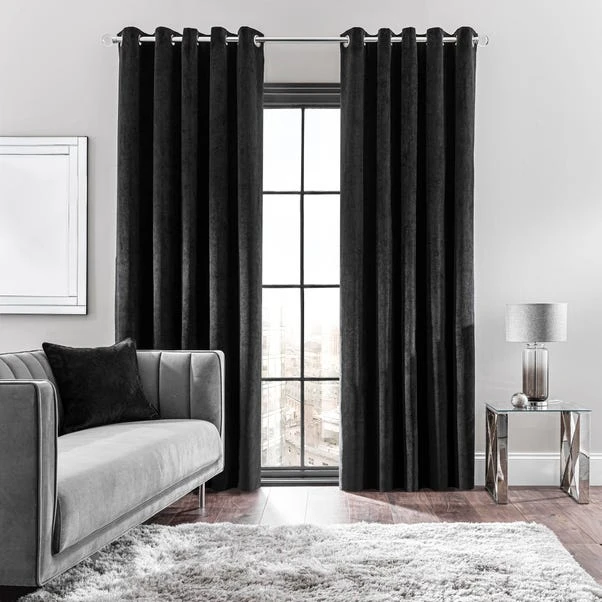 Dunelm Margot Velour Black Eyelet Curtains 4 Dunelm Margot Velour Black Eyelet Curtains - Image 2