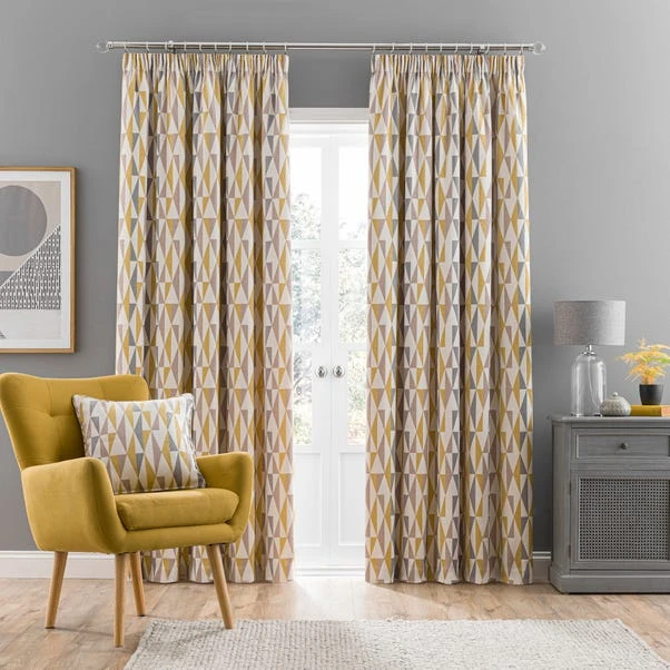 Dunelm Elements Triangles Ochre Chenille Pencil Pleat Curtains 4 Dunelm Elements Triangles Ochre Chenille Pencil Pleat Curtains - Image 2