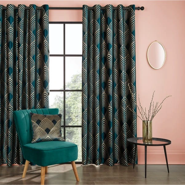 Dunelm Geo Foil Peacock Eyelet Curtains 4 Dunelm Geo Foil Peacock Eyelet Curtains - Image 2