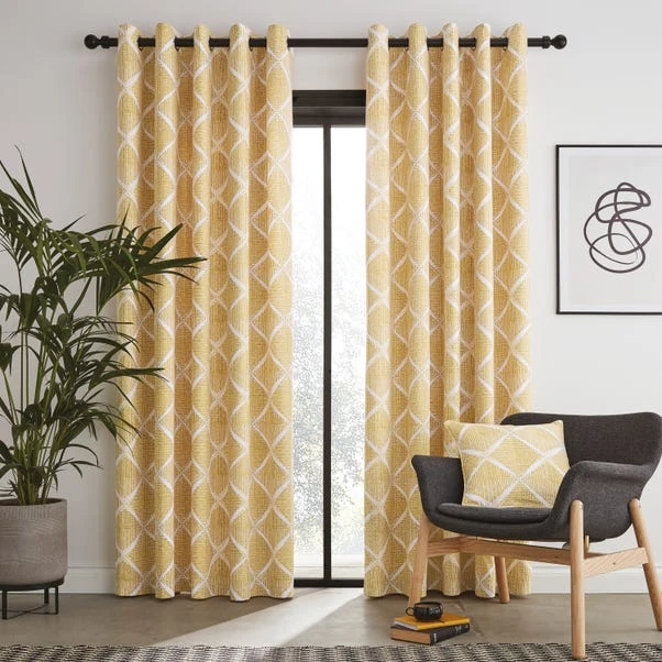 Catherine Lansfield Geo Textured Diamond Ochre Eyelet Curtains 4 Catherine Lansfield Geo Textured Diamond Ochre Eyelet Curtains - Image 2