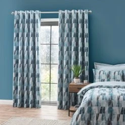 Elements Iver Geo Teal Blackout Eyelet Curtains