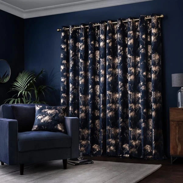 Dunelm Velour Tree Print Navy Eyelet Curtains 6 Dunelm Velour Tree Print Navy Eyelet Curtains - Image 4