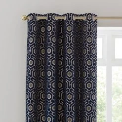 Dunelm Geo Cut Velvet Navy Eyelet Curtains