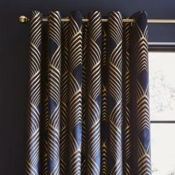 Dunelm Velvet Geo Foil Navy Eyelet Curtains