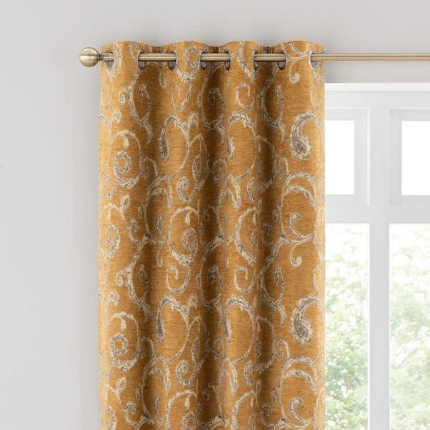 Dunelm Chenille Scroll Ochre Eyelet Curtains 3 Dunelm Chenille Scroll Ochre Eyelet Curtains