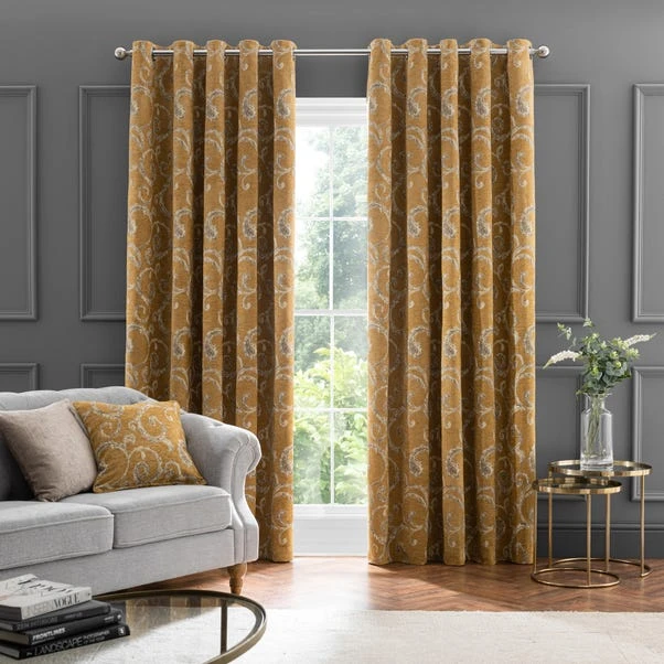 Dunelm Chenille Scroll Ochre Eyelet Curtains 4 Dunelm Chenille Scroll Ochre Eyelet Curtains - Image 2