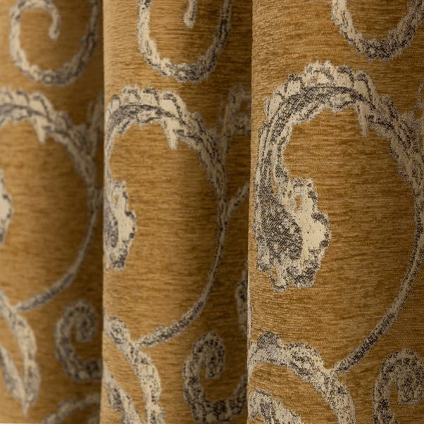 Dunelm Chenille Scroll Ochre Eyelet Curtains 5 Dunelm Chenille Scroll Ochre Eyelet Curtains - Image 3