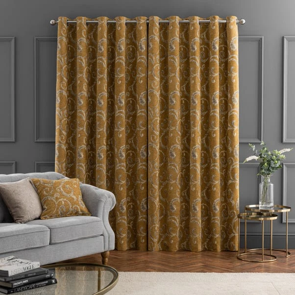 Dunelm Chenille Scroll Ochre Eyelet Curtains 7 Dunelm Chenille Scroll Ochre Eyelet Curtains - Image 5