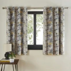 Dunelm Cove Textured Print Ochre Eyelet Curtains -Dunelm Shop 30809403 alt05