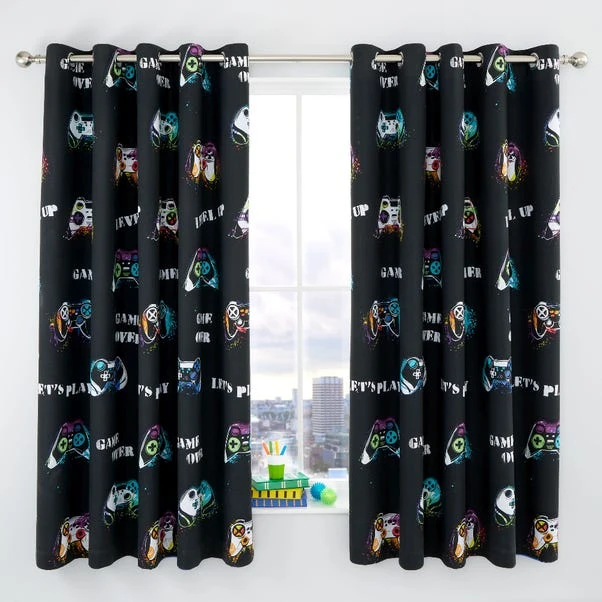 Catherine Lansfield Game Over Black Eyelet Curtains 4 Catherine Lansfield Game Over Black Eyelet Curtains - Image 2