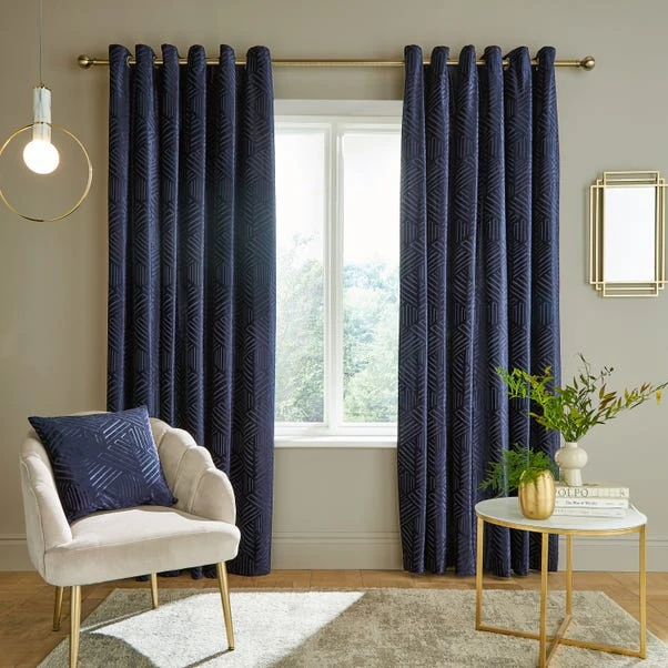 Catherine Lansfield Geo Cut Navy Eyelet Curtains 4 Catherine Lansfield Geo Cut Navy Eyelet Curtains - Image 2
