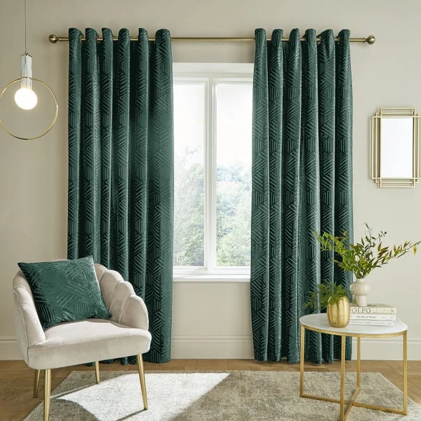 Catherine Lansfield Geo Cut Green Eyelet Curtains 4 Catherine Lansfield Geo Cut Green Eyelet Curtains - Image 2